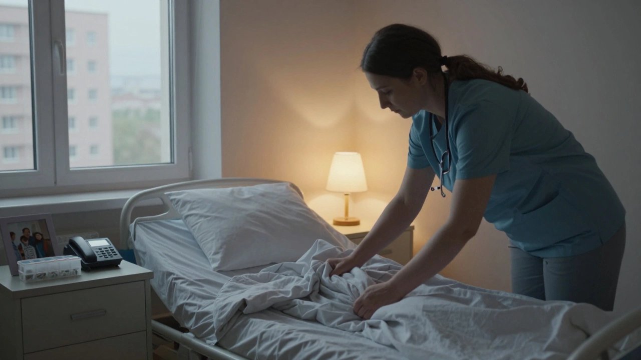 Доглядачка міняє постільну білизну в кімнаті літньої людини, на тумбочці — органайзер ліків і сімейне фото.