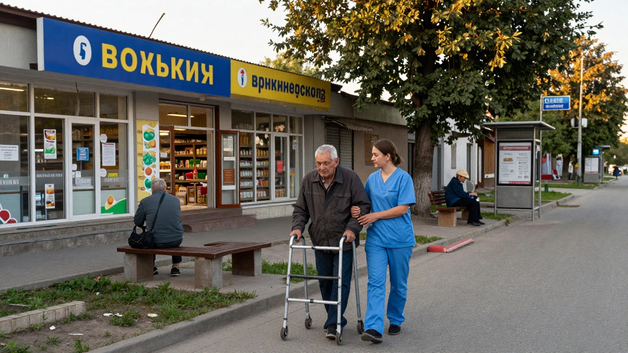 Доглядачка супроводжує літнього чоловіка з ходунками вулицею Троещини, біля аптеки та магазину.