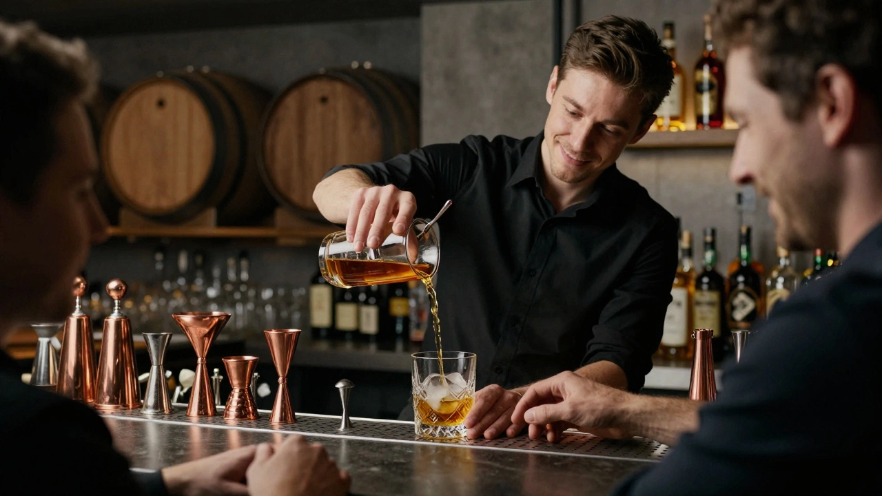 Досвідчений бармен наливає преміум віскі з ручним льодом у преміум-барі на Печерську.
