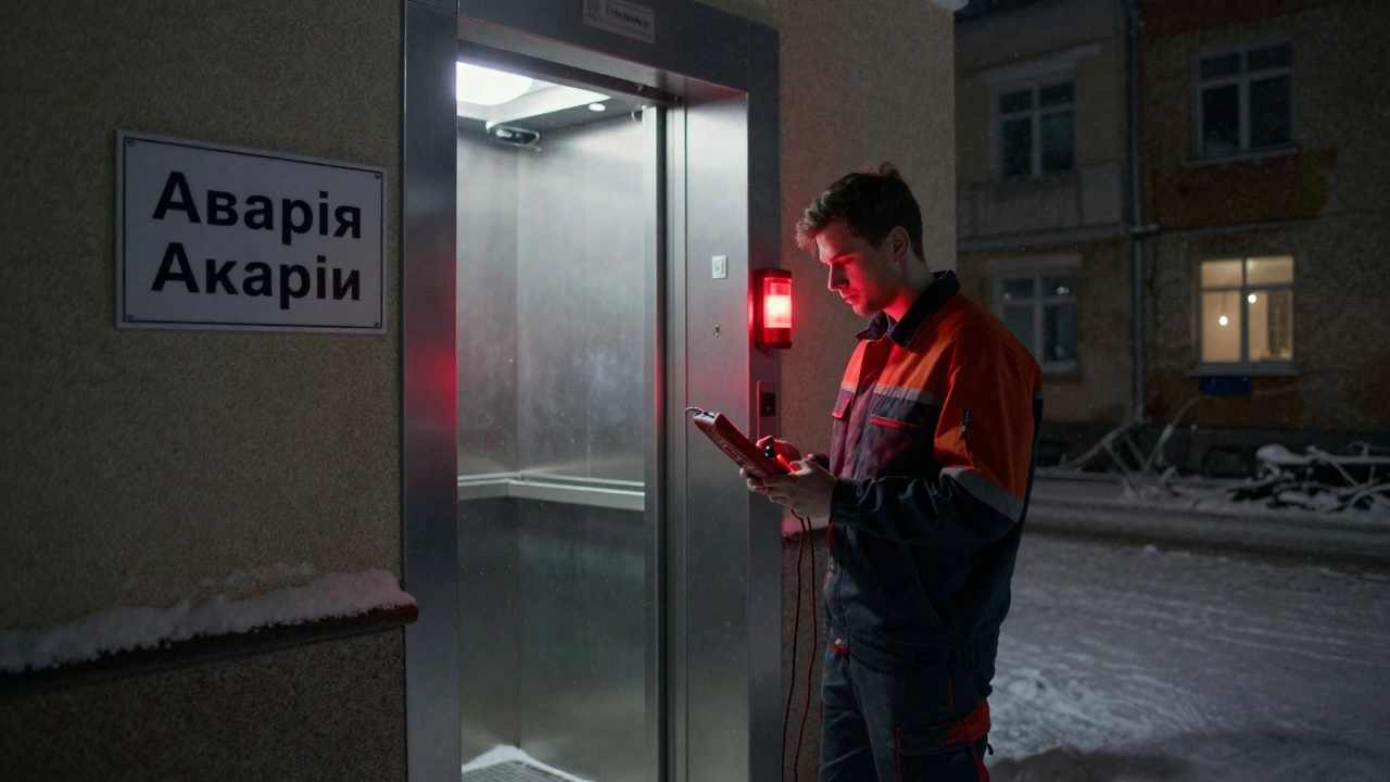 Електрик виправляє аварію в ліфті житлового будинку вночі.
