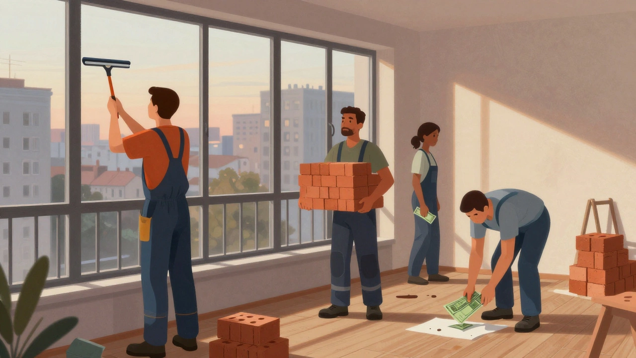 Група робітників у Києві отримує готівку наприкінці робочого дня.