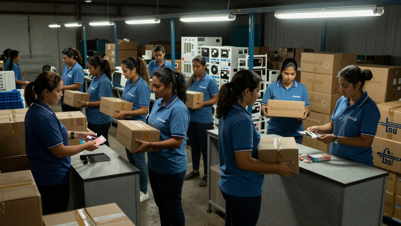 Група жінок отримує щоденну оплату на складі після зміни.