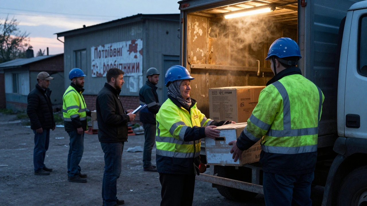 Грузчики завантажують коробки на вантажівку в промисловій зоні Дарниця на світанку.