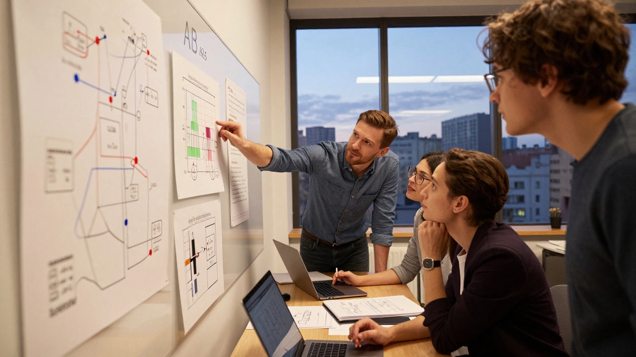 Команда дизайнерів у стартапі в Києві аналізує теплову карту користувачів під час обговорення.