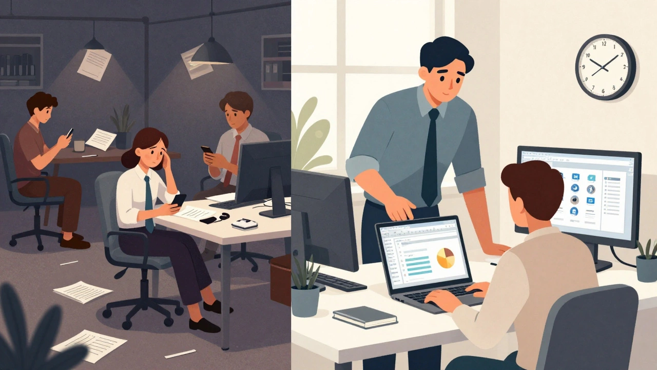 Контраст між хаотичним офісом з телефонами та організованим офісом з наставником і Excel-звітами.