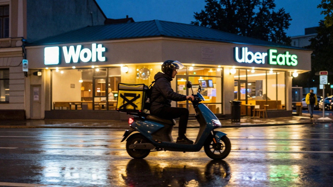 Кур'єр на електросамокаті доставляє їжу вночі в Києві.