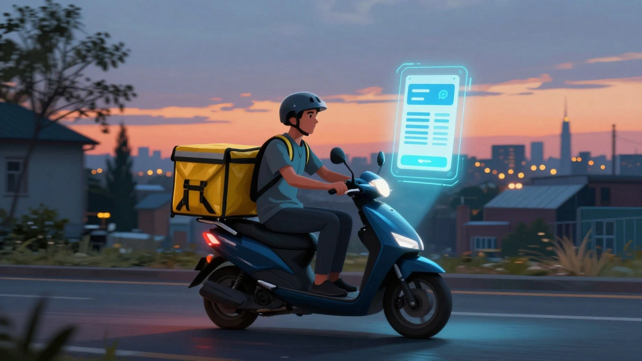 Кур'єр на мопеді їде вночі з доставками, біля нього — спливаюче повідомлення про оплату.