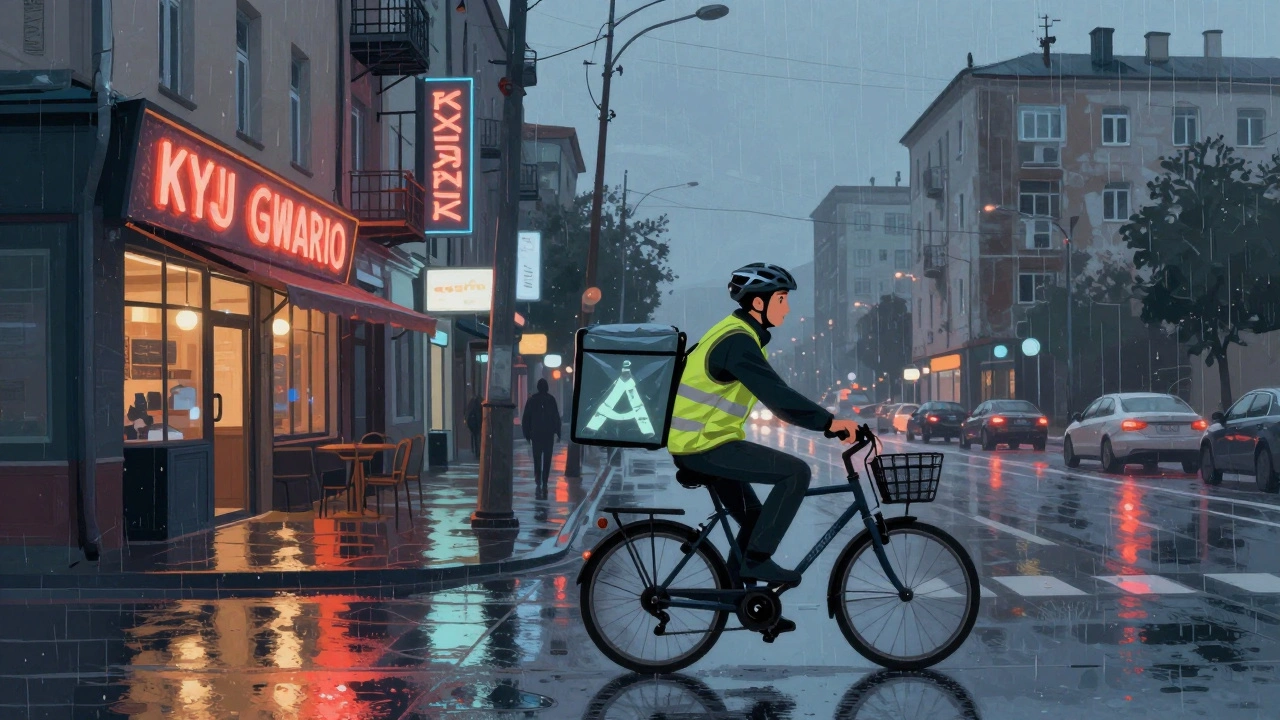 Кур’єр на велосипеді доставляє їжу в дощову ніч у Оболоні.