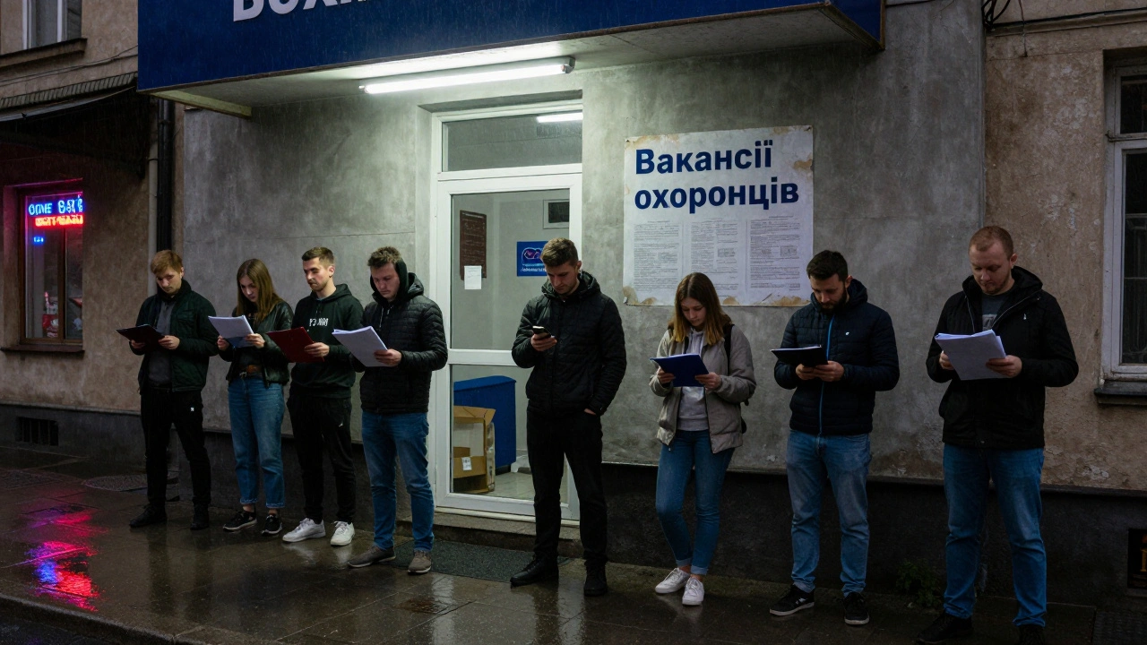 Люди чекають на співбесіду на роботу охоронцем у офісі охоронної компанії на Лівобережжі.