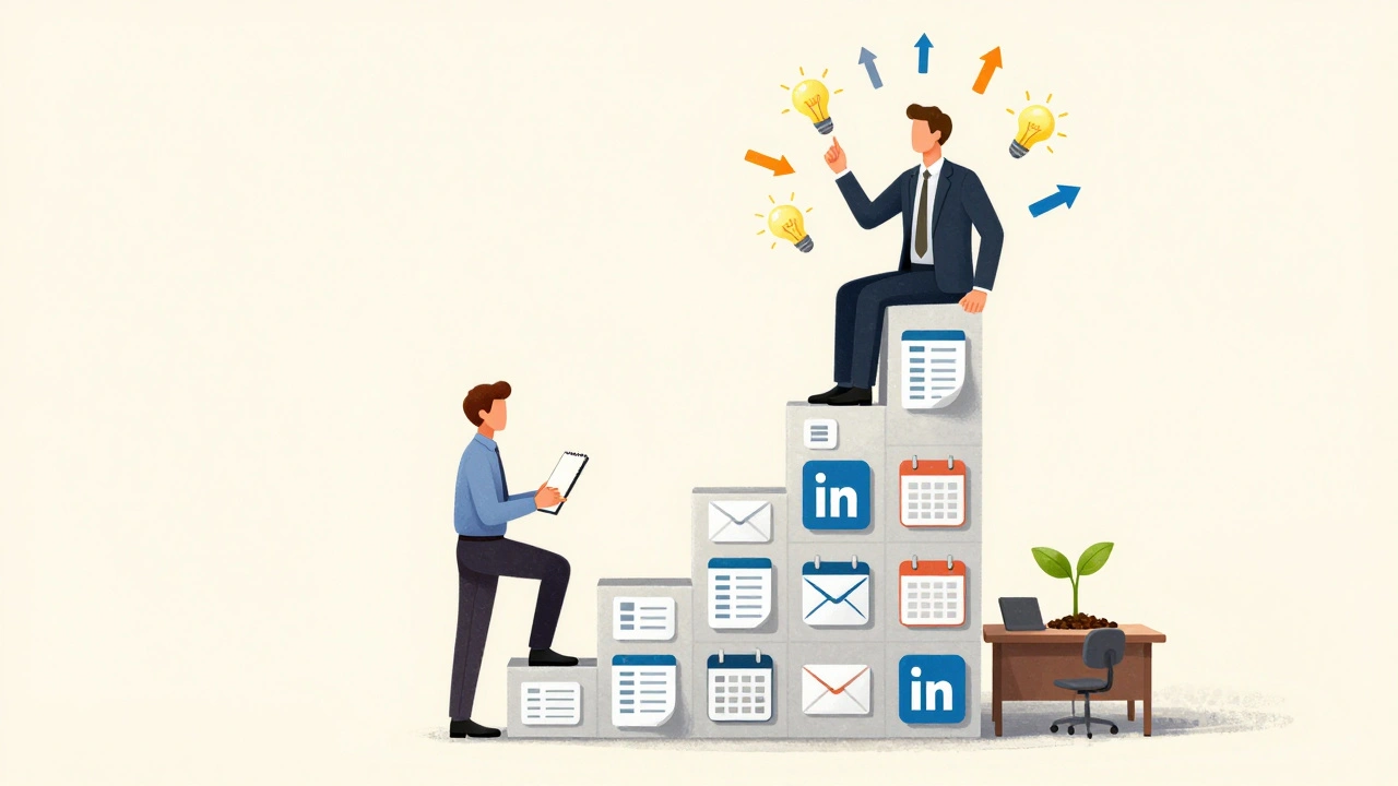 Людина піднімається по сходах з офісних ікон, символізуючи ріст у кар’єрі від новачка до професіонала.