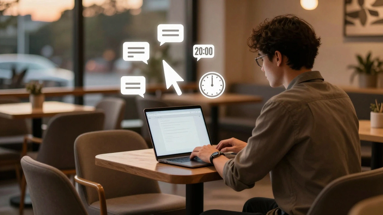 Людина працює онлайн у кафе після 18:00, працюючи з ноутбуком.