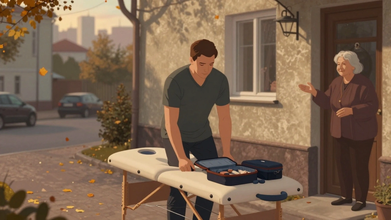 Масажист відвідує клієнта додому в Києві, несе обладнання вночі.