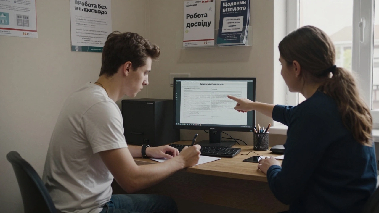 Молодий чоловік заповнює форму в місцевому центрі зайнятості, а працівниця показує йому вакансію.