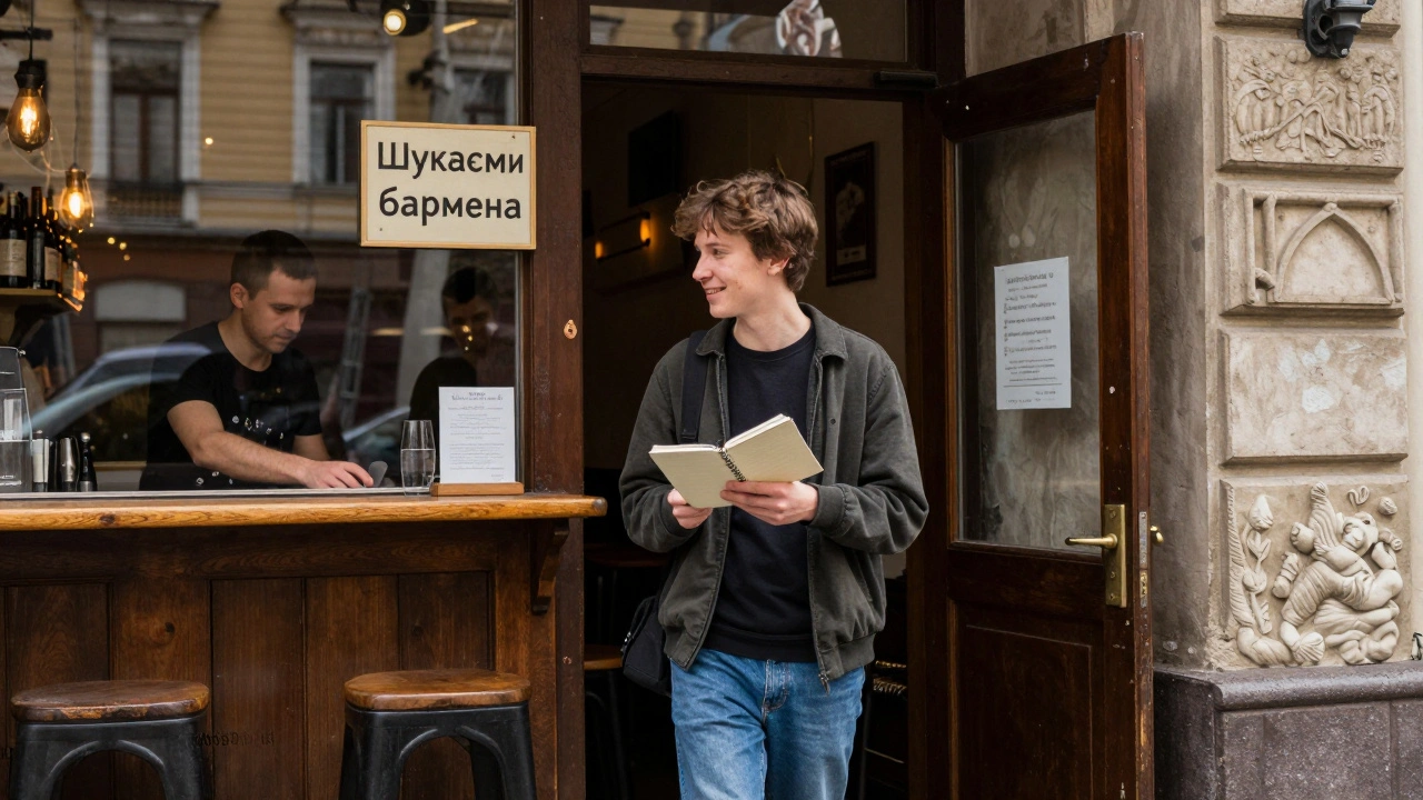 Молодий людина приходить до бару вдень, щоб подати заявку на роботу бармена.