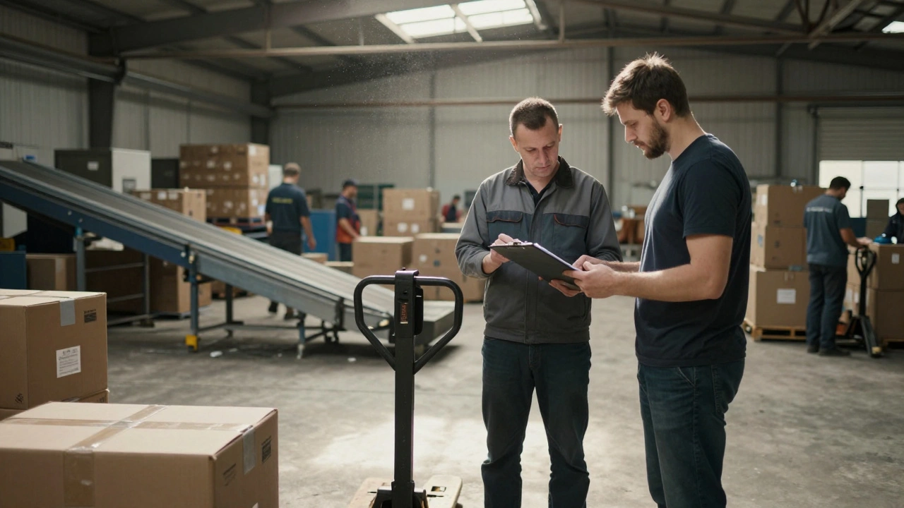 Начальник складу навчає нового працівника, як користуватися підйомником на логістичному центрі.