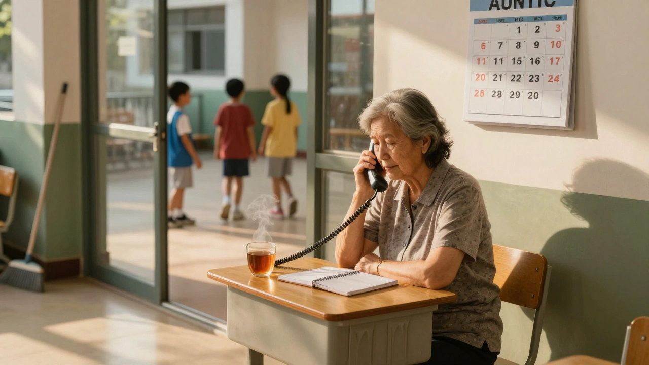 Пенсіонерка сидить за столом у вестибюлі школи, відповідає на дзвінок телефону.