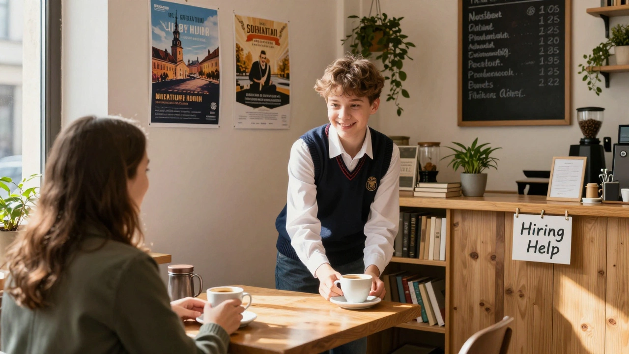 Підліток у кав’ярні на Лівобережжі Києва подає каву клієнту, на стіні — оголошення про роботу.