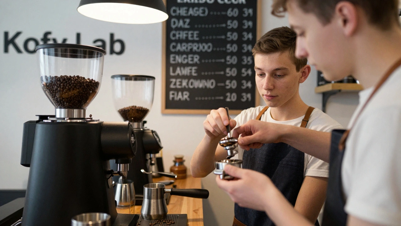 Початківець бариста спостерігає за професіоналом, який мелеть кавові зерна.