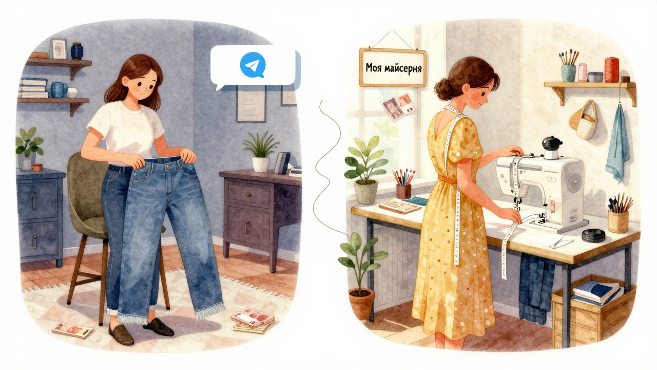 Поділена сцена: початківець шije джинси та досвідчена швея шije сукню — шлях професійного зростання.