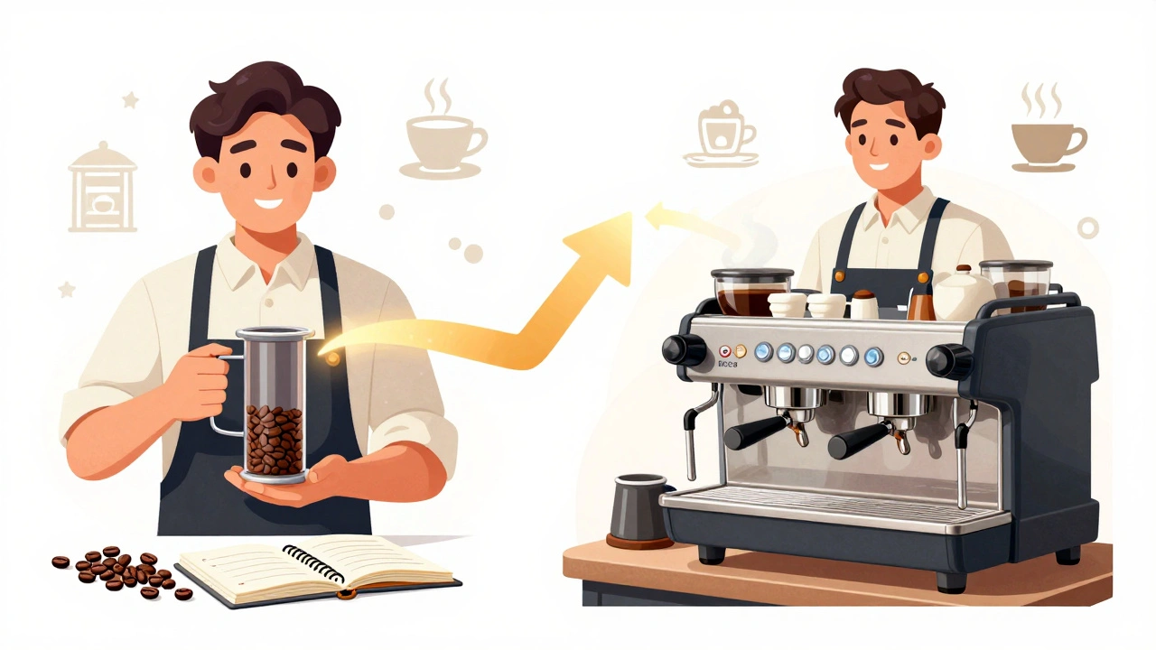 Подорож бариста: від дому до професійної кав’ярні, символізуючи ріст у мистецтві кави.