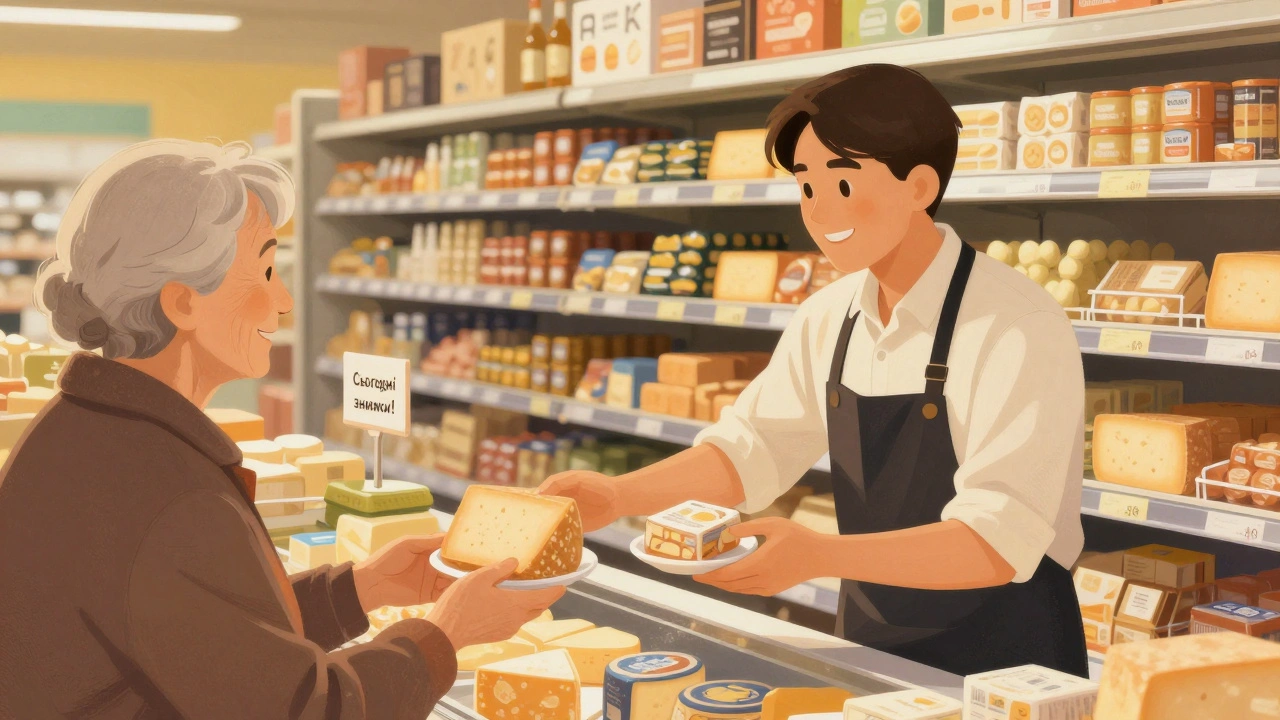 Промоутер роздає сир у супермаркеті, посміхається до пожилого клієнта, навколо — товари і знаки зі знижками.