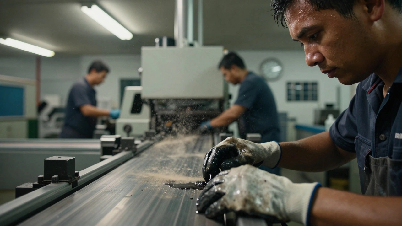 Робітник працює на конвеєрі в цеху, руки в рукавицях, навколо шумне обладнання і пил.