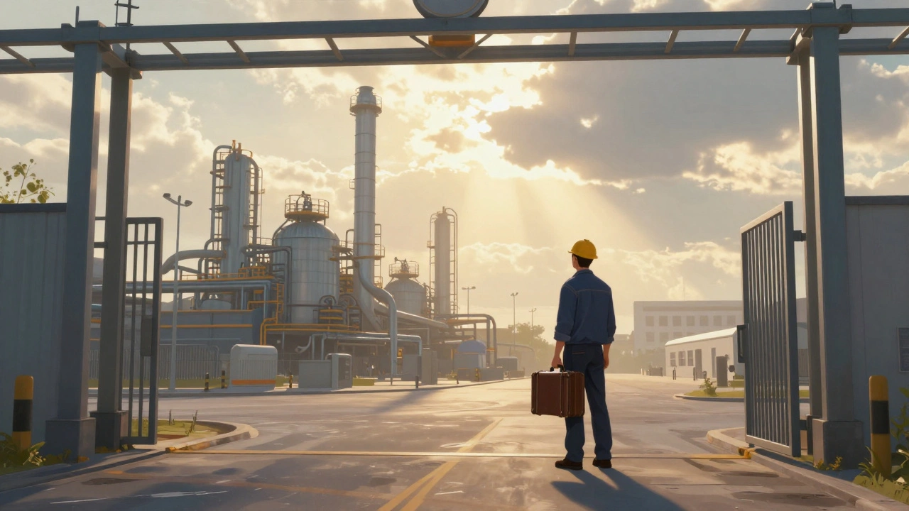 Робітник стоїть біля воріт виробництва, тримає валізу, дивиться вперед — символ переходу до кращого майбутнього.