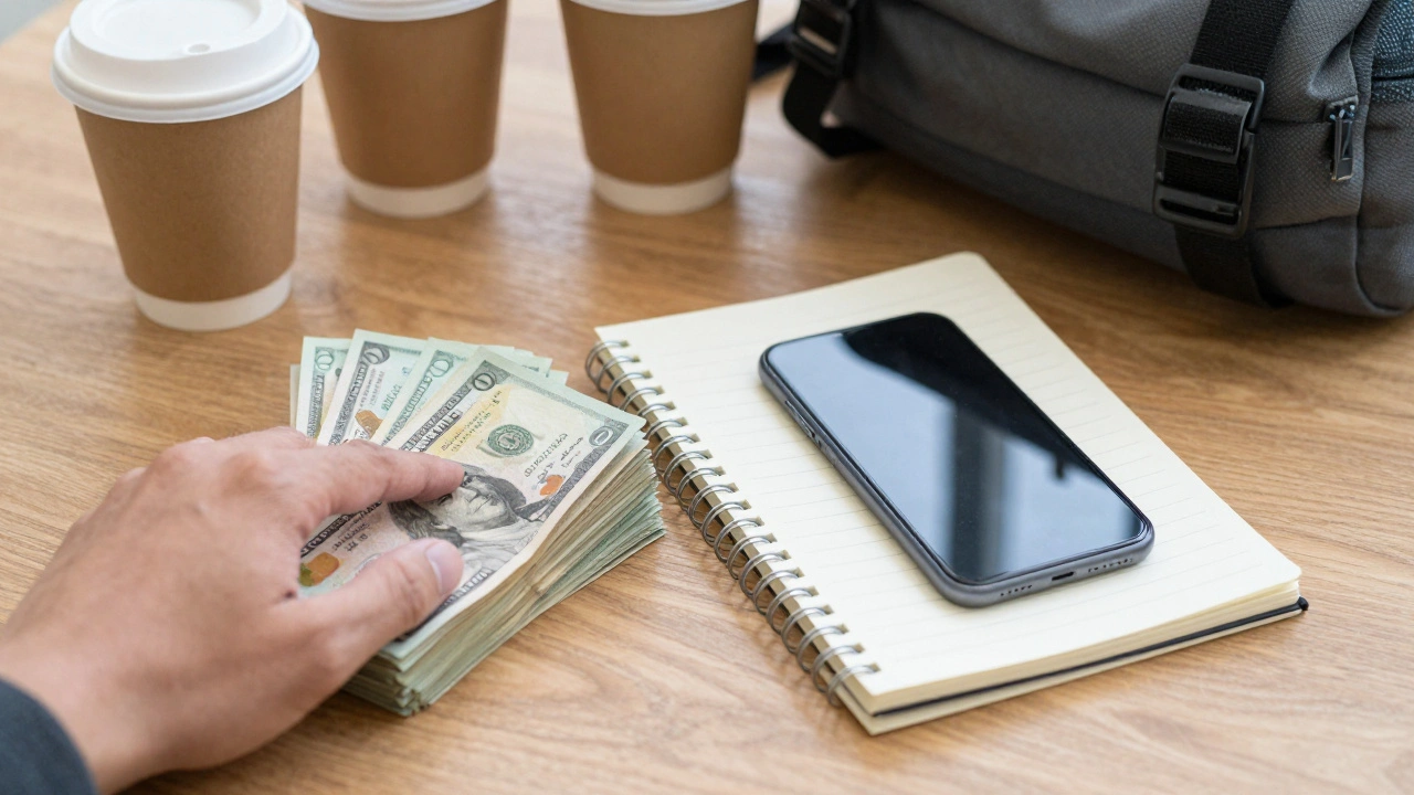 Рука кладе готівку на стіл — символ щоденної заробітної плати.