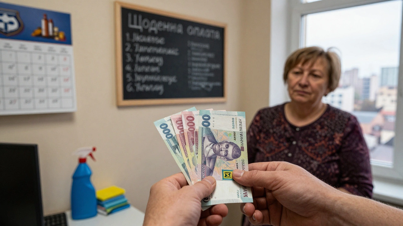 Рука отримує готівку від роботодавця після дня прибирання, на стіні — табло з щоденними виплатами.