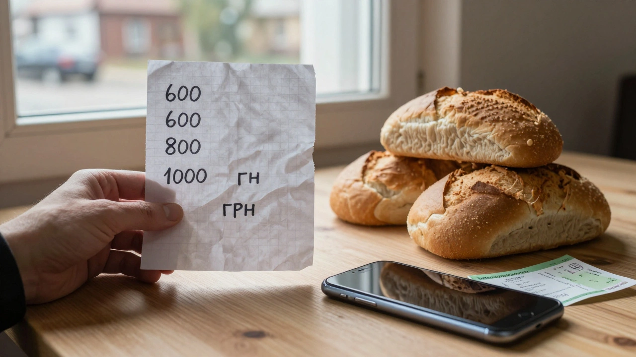Рука тримає аркуш з цифрами зарплати, поруч — хліб, телефон і квиток на автобус, м’який ранковий світло.