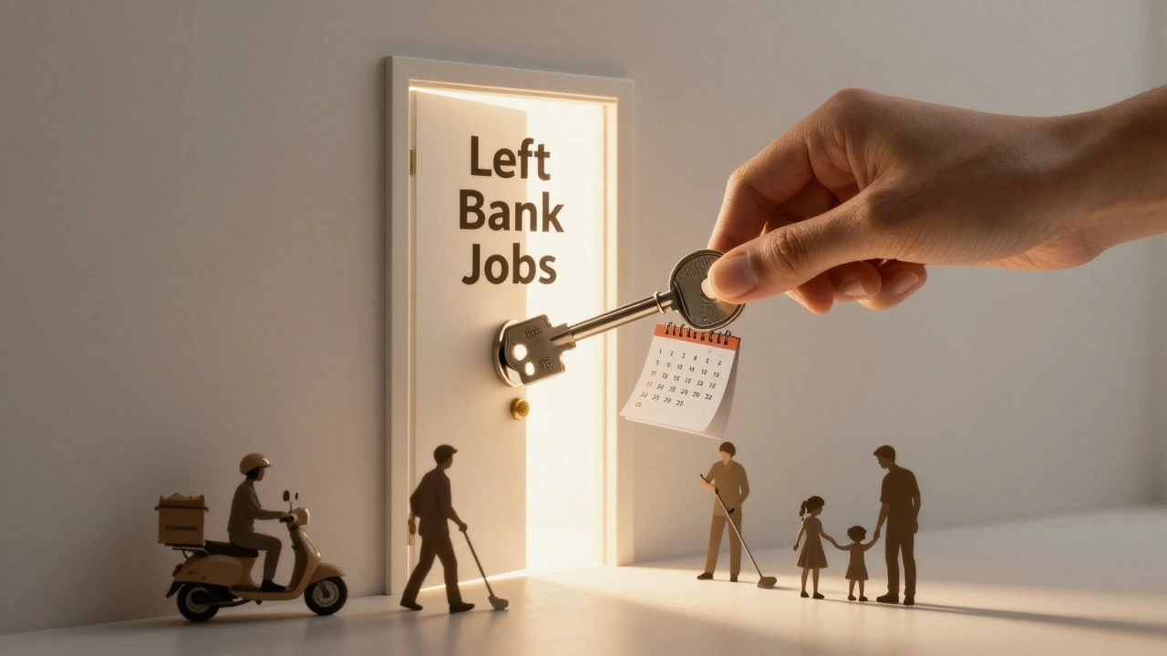 Рука вставляє ключ у замок з написом 'Робота на Лівобережжі', за дверима — люди на різних роботах.