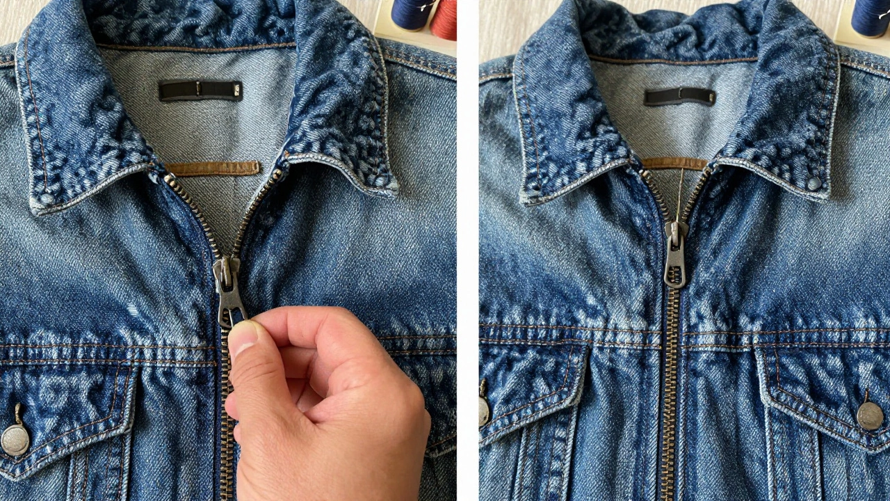 Рука замінює блискавку на джинсах: порівняння до і після, чітка строчка, тканина з відтінками синього.