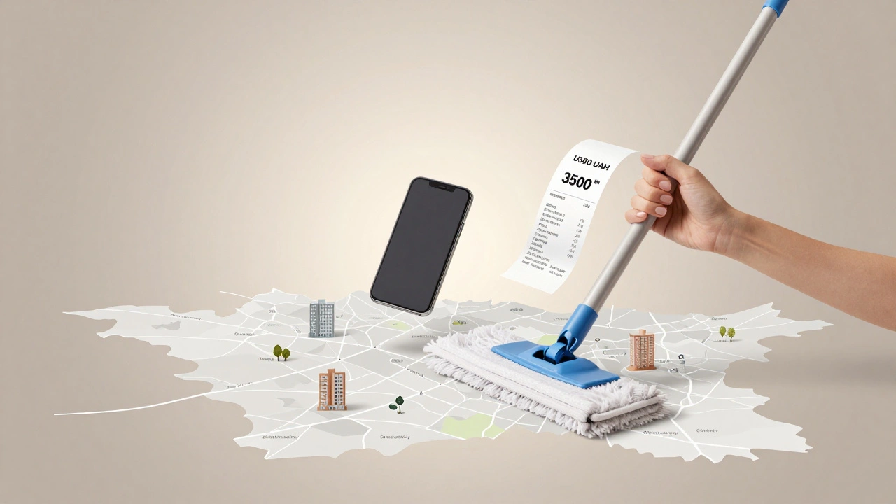 Руки прибиральниці тримають швабру, телефон і квитанцію про зарплату, над картою Дніпровського району.