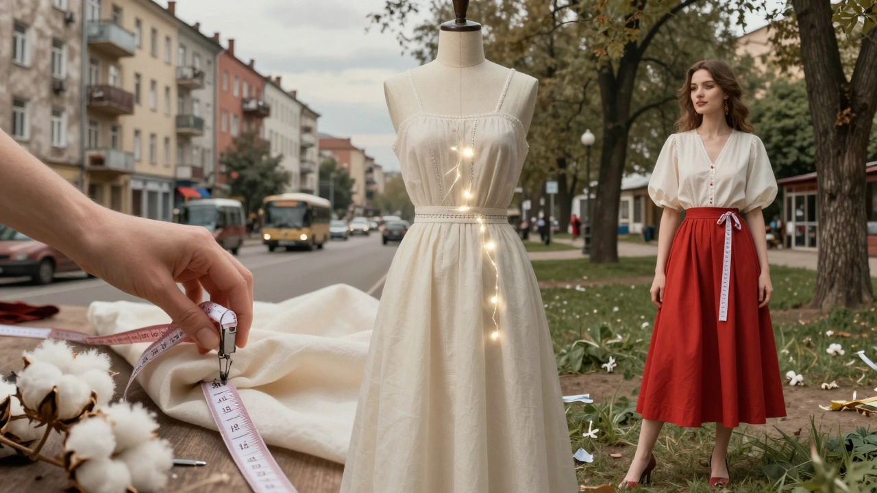 Символічна сцена: шматок тканини перетворюється на одяг, що носить жінка в парку, фон — Київський район.