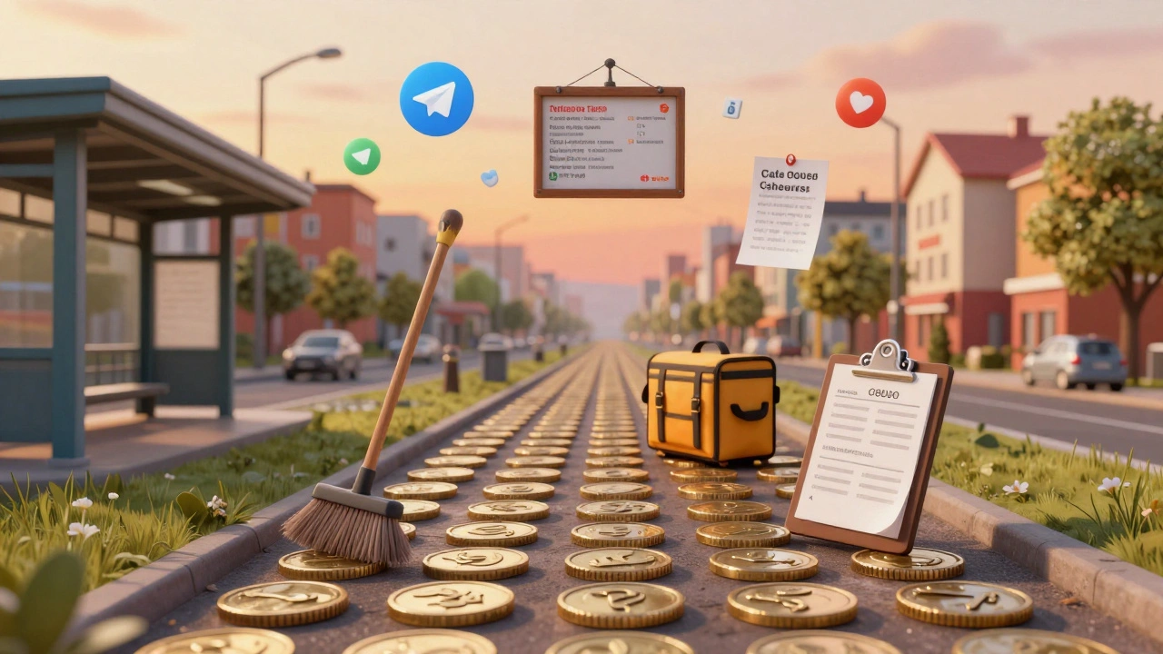 Шлях з монет, що перетворюються на професії, веде з метро до живого району Оболонь, символізує пошук роботи.