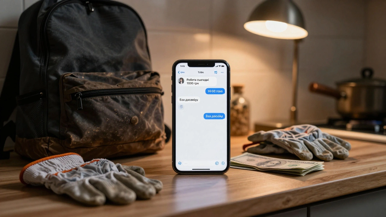 Смартфон з повідомленням про роботу і готівка на кухонному столі.