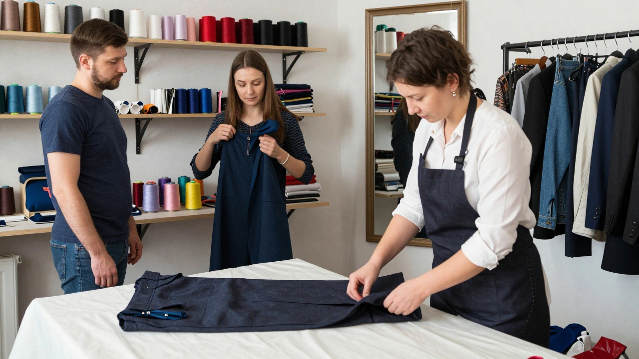 Швея в ательє в Березняках відправляє штани клієнту, на полицях — нитки, блискавки, тканини.