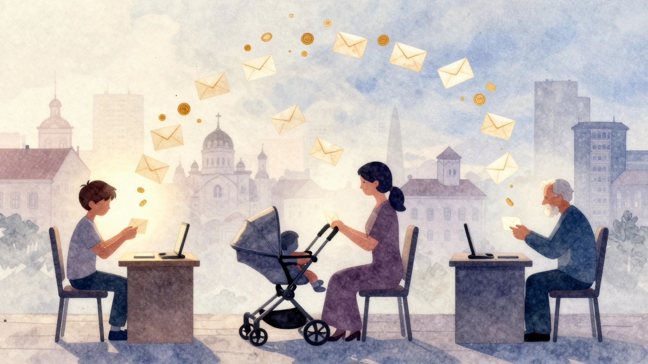 Три фігури збирають конверти вдома в різний час доби — студент, мама, пенсіонер.