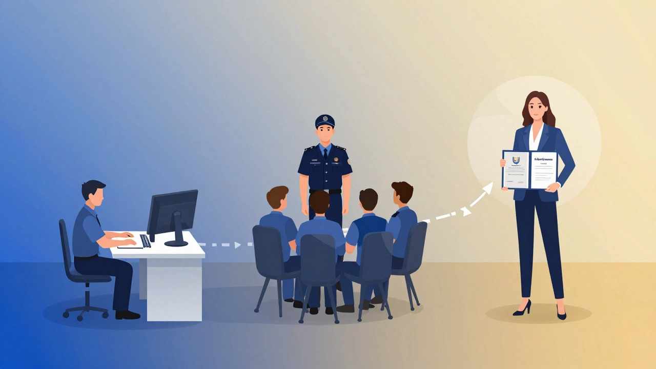 Візуальна історія кар'єрного зростання охоронця від початківця до керівника безпеки.