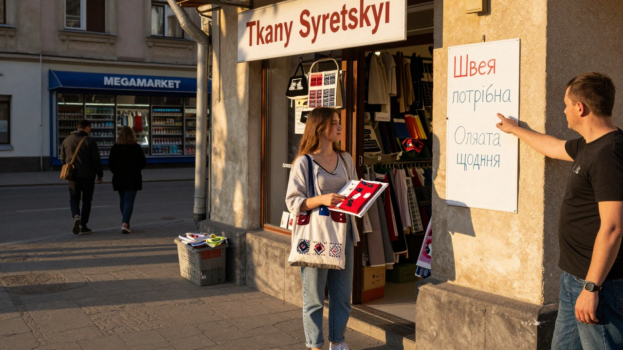 Жінка дивиться на оголошення про роботу швеєю біля магазину тканин у Святошині.