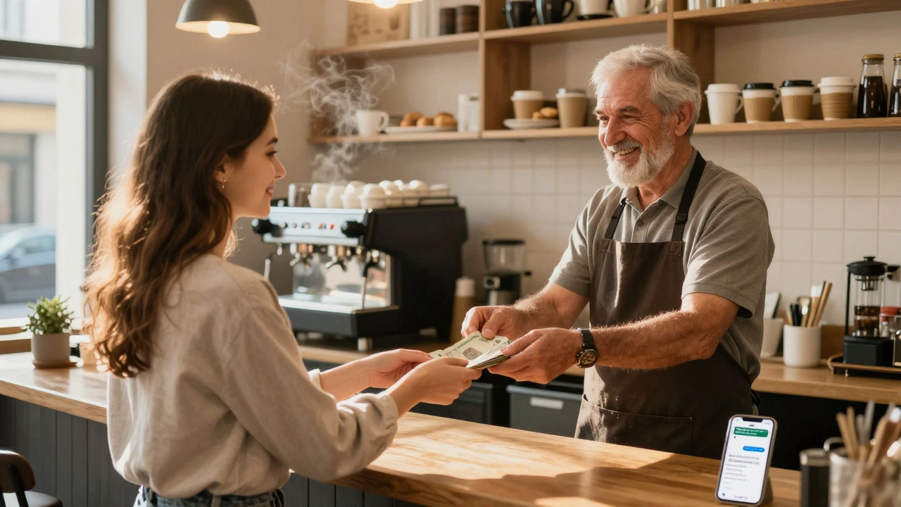 Жінка отримує готівку від керівника в кафе після робочої зміни.