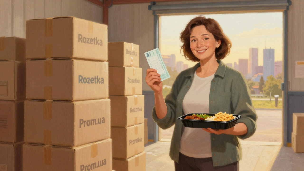Жінка посміхається, тримаючи зарплату та обід біля складських коробок.