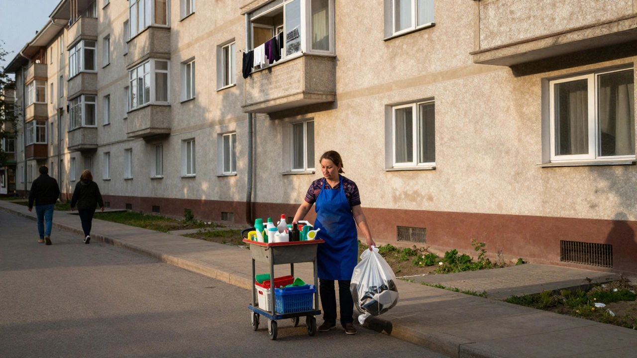 Жінка-прибиральниця з мішком сміття біля багатоповерхівки в Дніпровському районі, ранній ранок.