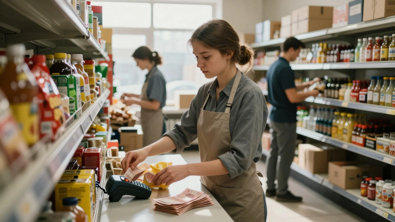 Жінка розставляє товар у магазині біля Борщагівки, на лічильнику — готівка за день.