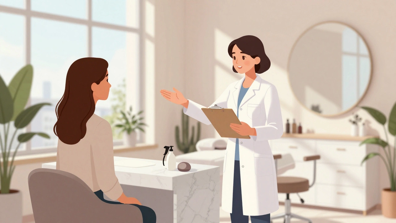 Жінка в білому халаті вітає клієнта в салоні краси вдень, сонячне світло через вікна.