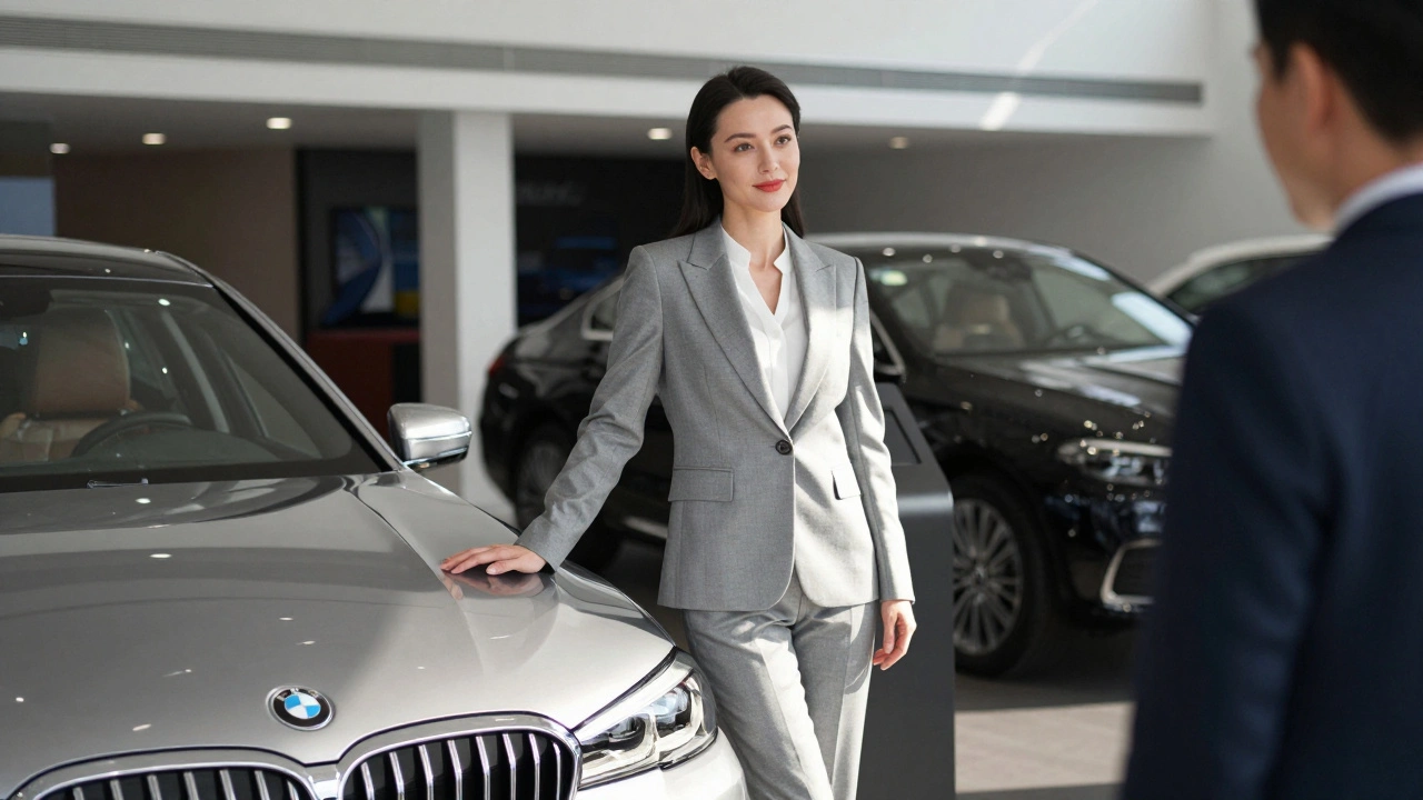 Жінка в костюмі стоїть біля люксової машини в шоурумі, посміхаючись потенційному покупцю.