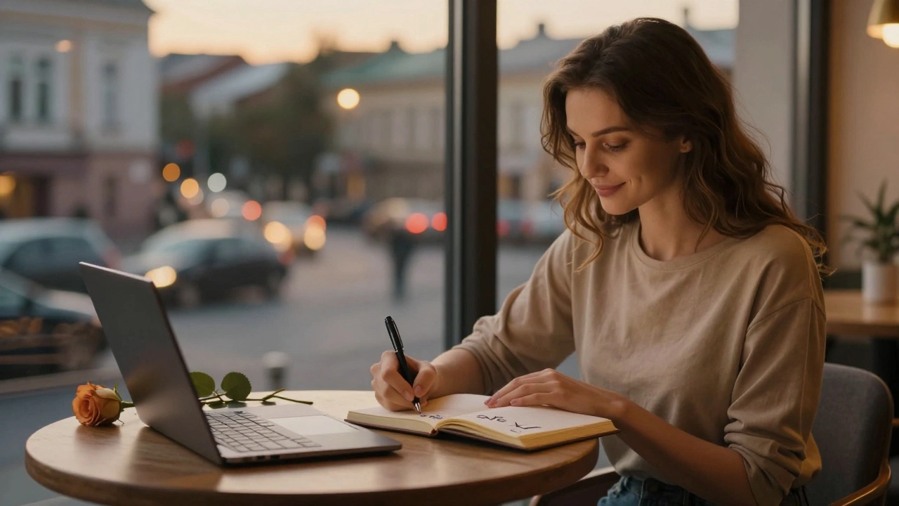 Жінка веде щоденник у кафе, записуючи деталі зустрічей під м’яким світлом вечора.