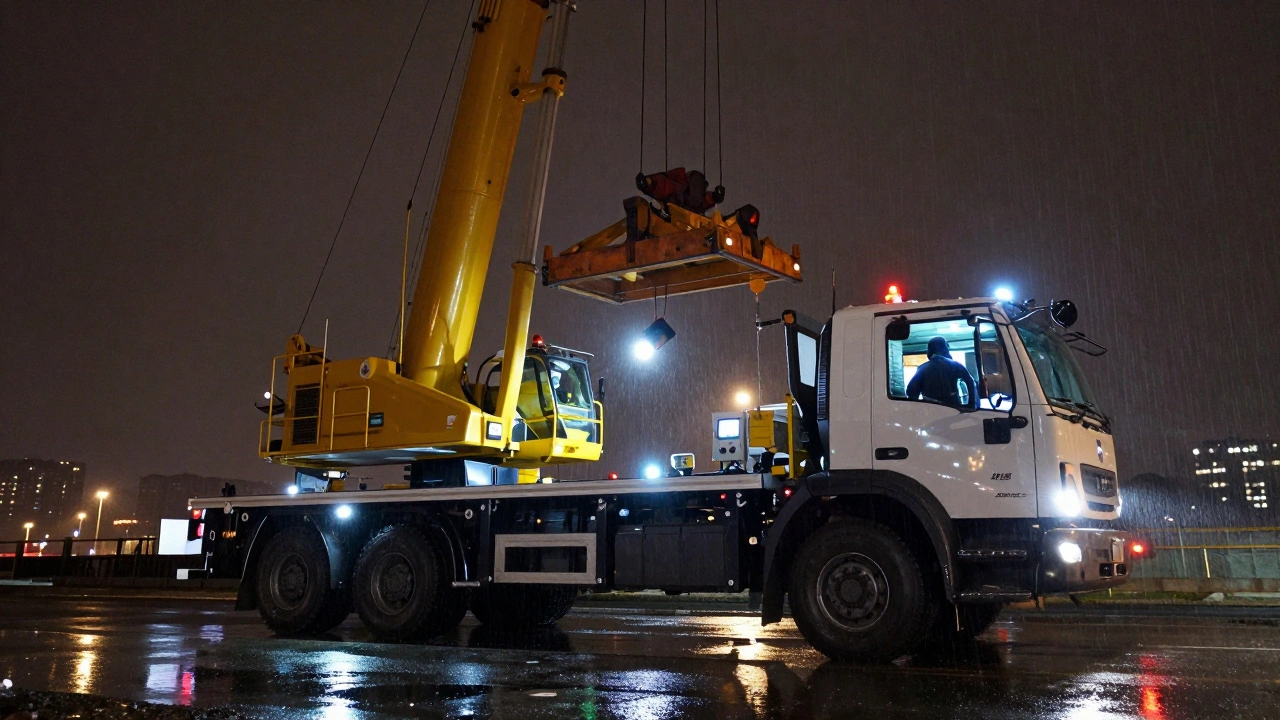 Автокранівщик працює вночі під дощем на будівництві мосту, контролюючи важкий вантаж.