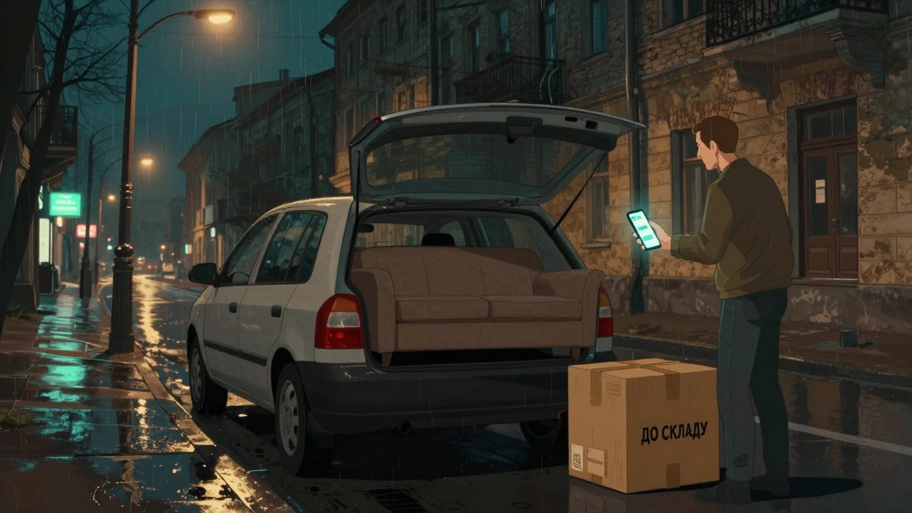 Чоловік вивантажує диван з автомобіля на вулиці в Києві під нічним світлом, біля нього — смартфон і коробка