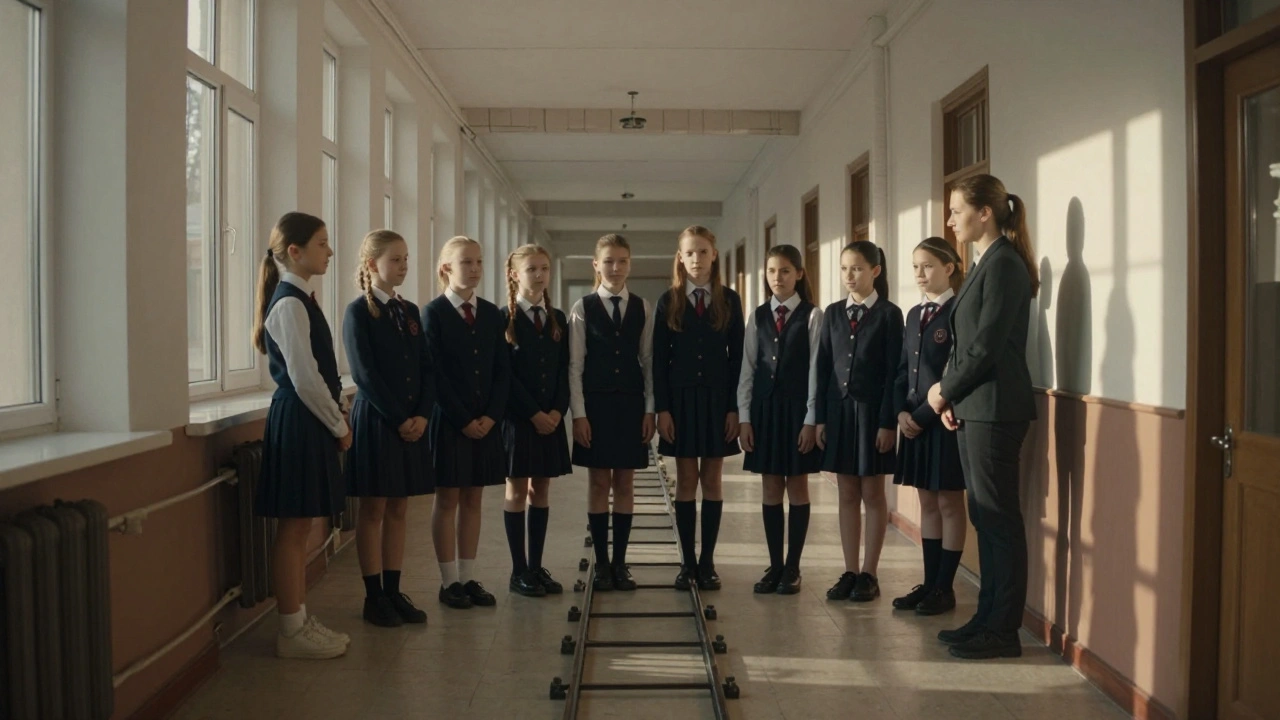 Діти та доросла жінка стоять тихо в шкільному коридорі, сонячний світло з вікон, кінообладнання на підлозі.